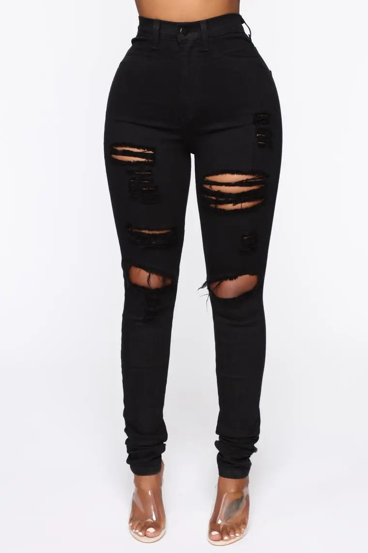 New Black Ripped Jeans For Women Fashion High Waist Denim Pencil Pants Stretch Slim Skinny Trousers XS-XL