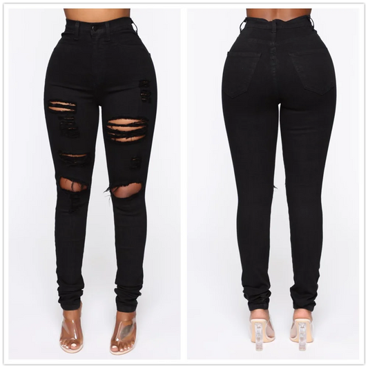 New Black Ripped Jeans For Women Fashion High Waist Denim Pencil Pants Stretch Slim Skinny Trousers XS-XL