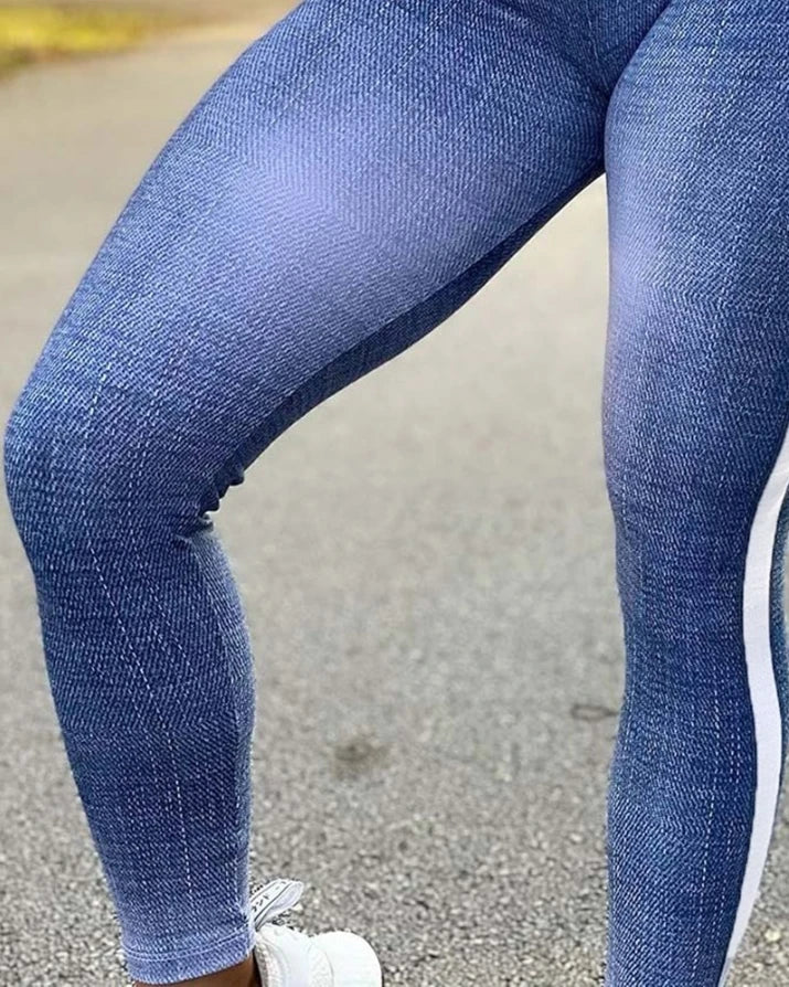 Fashion casual Denim Look Print High Waist Tummy Control Butt Lift Leggings women's tbottom Sporty