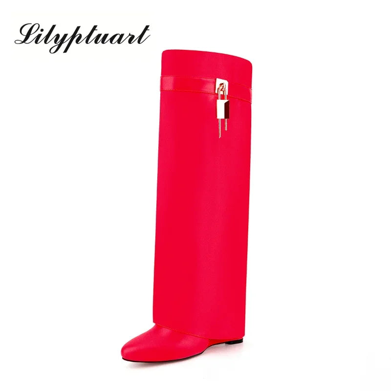 Knee-length Zipper Boots for Women, Thick Soles Shoes, Shark Lock, High Heels, Designer Fashion Brand, New