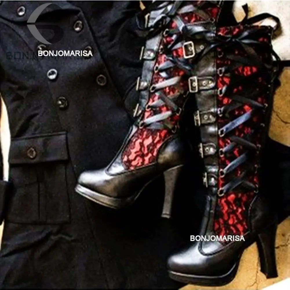 BONJOMARISA Platform Boots For Women Lace Up Chunky High Heel Mid Calf Boots Narrow Band Bow Knot Goth Gothic Shoes Winter 2023