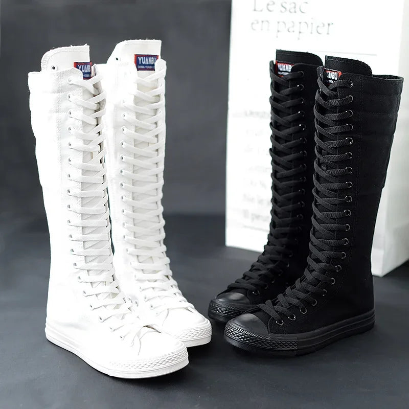 High Top Women Canvas Shoes Lace Up Knee High Boots Flats Casual Vulcanized Shoes Sneakers  Comfortable Girls Canvas Long Boots