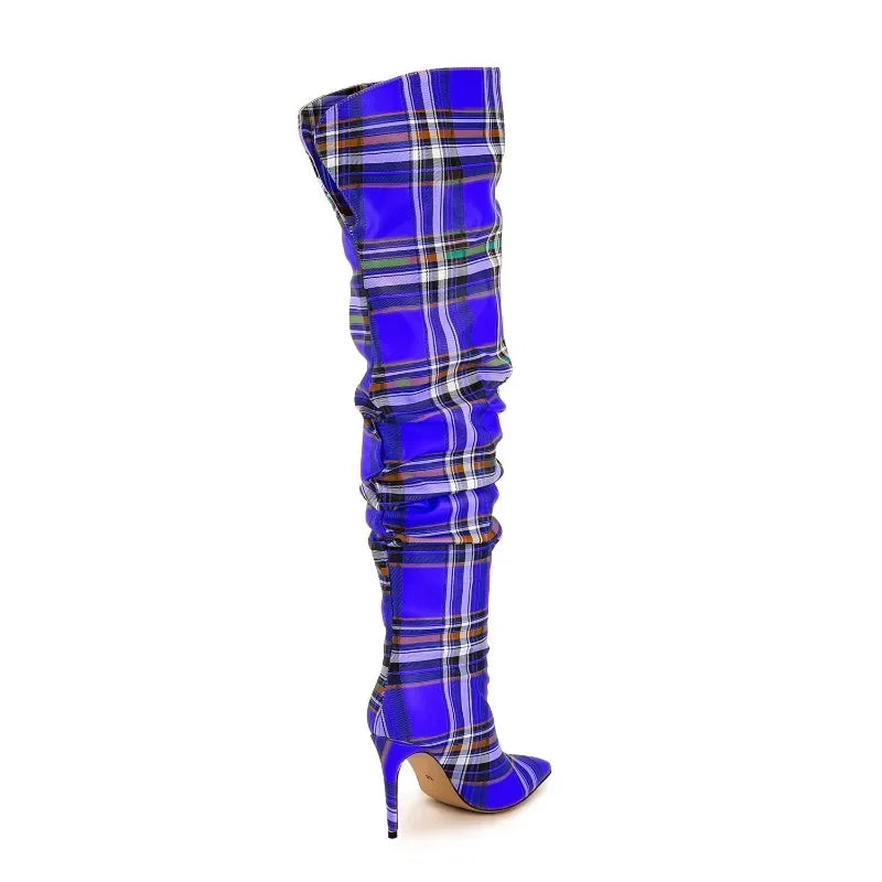 European and American High-heeled Sleeve Knee High Boots for Women, Checkered Pattern Large Tube Circumference Large Size Boots