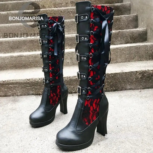 BONJOMARISA Platform Boots For Women Lace Up Chunky High Heel Mid Calf Boots Narrow Band Bow Knot Goth Gothic Shoes Winter 2023