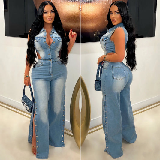 Sexy Women Hollow Out Jeans Cargo Jumpsuit Elegant Denim Stretch Casual Overalls Romper