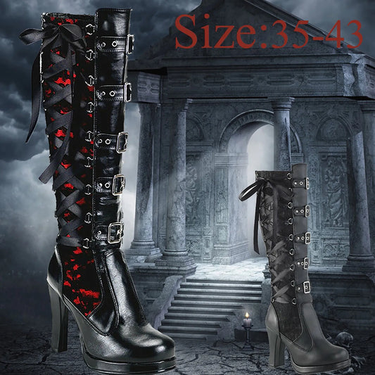 Women Platform Boots Leather Gothic Knee High Boots Fashion Bows Belt Buckle Chunky High Heels Round Toe Modern Booties