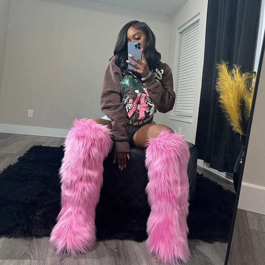 Winter Women Snow Boots Faux Fur Long Boots Warm Plush Platform Knee-high Boot Outdoor Furry Cute Over-the-knee Boots Girls Y2K