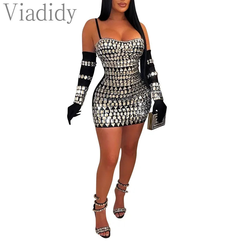 Women Sexy Solid Color Spaghetti Strap Rhinestone Decor Mini Dress with Gloves