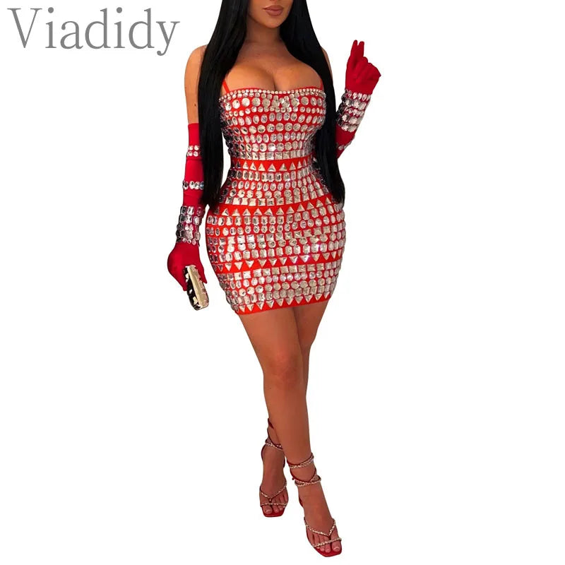 Women Sexy Solid Color Spaghetti Strap Rhinestone Decor Mini Dress with Gloves