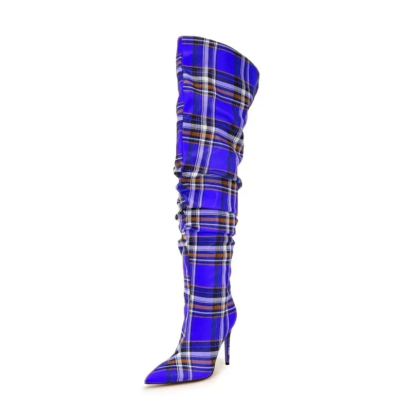 European and American High-heeled Sleeve Knee High Boots for Women, Checkered Pattern Large Tube Circumference Large Size Boots