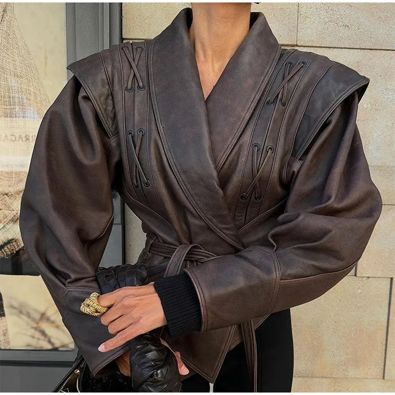 Sunin heart Autumn and Winter Faux Leather Jackets for Women 2024 Chic Dropped Shoulder PU Jacket Coat Casual Office Lady Blouse