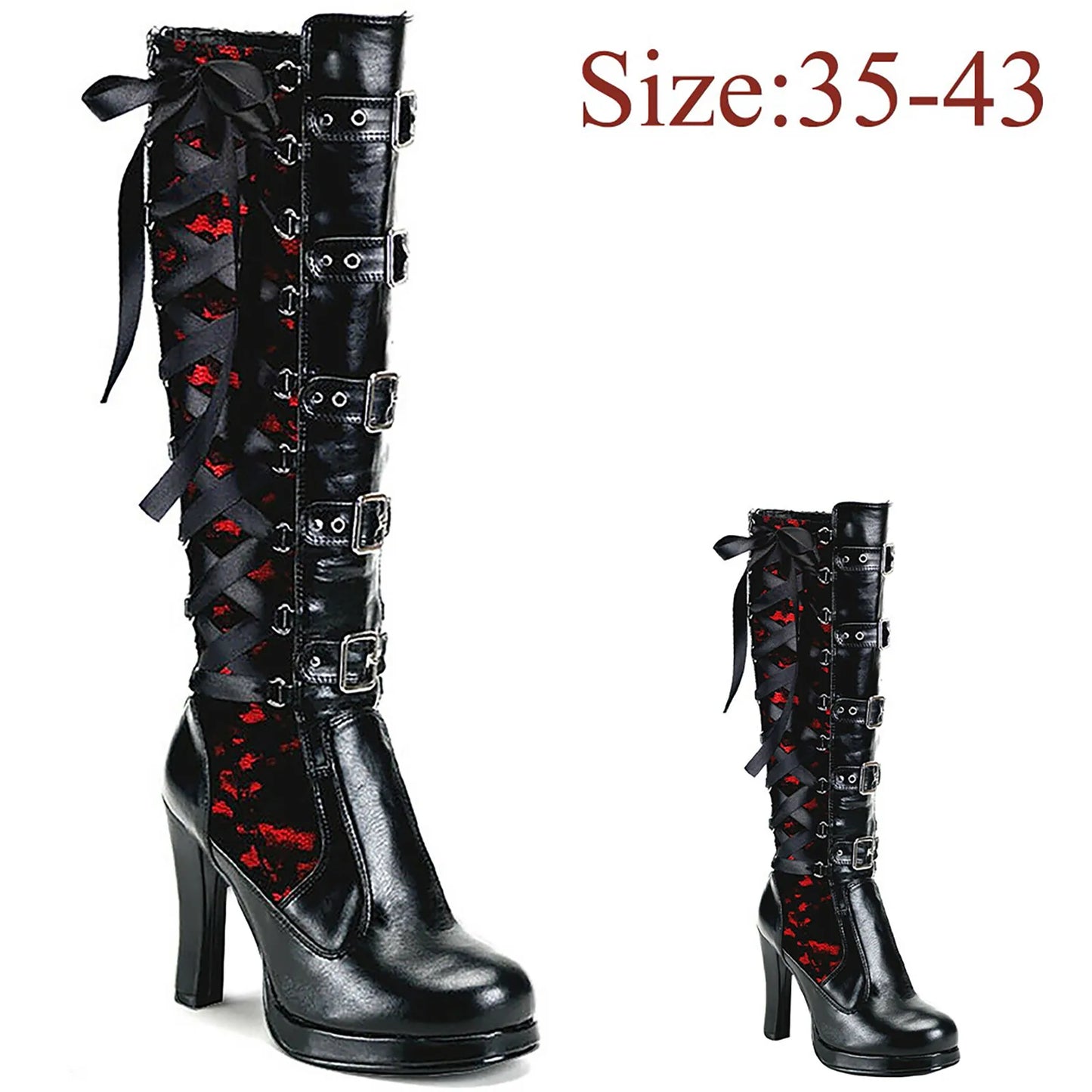 Women Platform Boots Leather Gothic Knee High Boots Fashion Bows Belt Buckle Chunky High Heels Round Toe Modern Booties