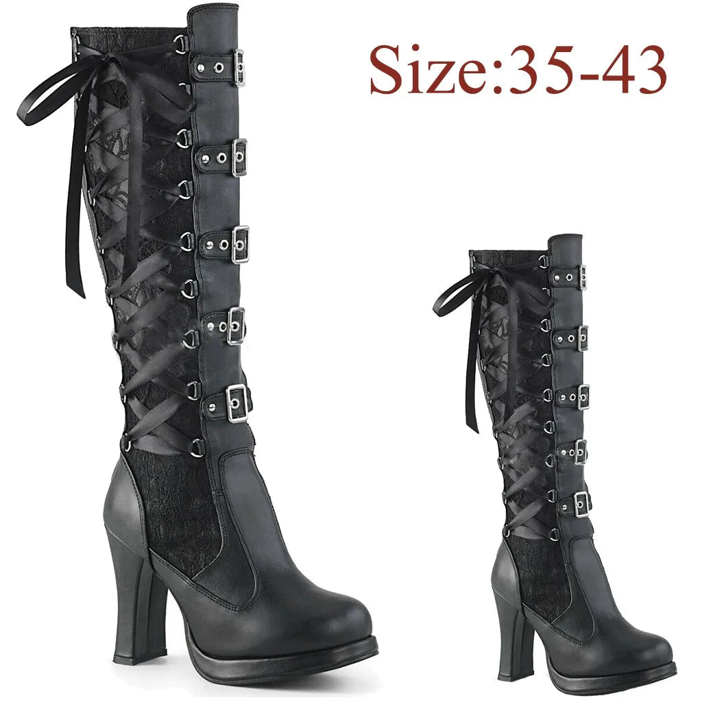 Women Platform Boots Leather Gothic Knee High Boots Fashion Bows Belt Buckle Chunky High Heels Round Toe Modern Booties