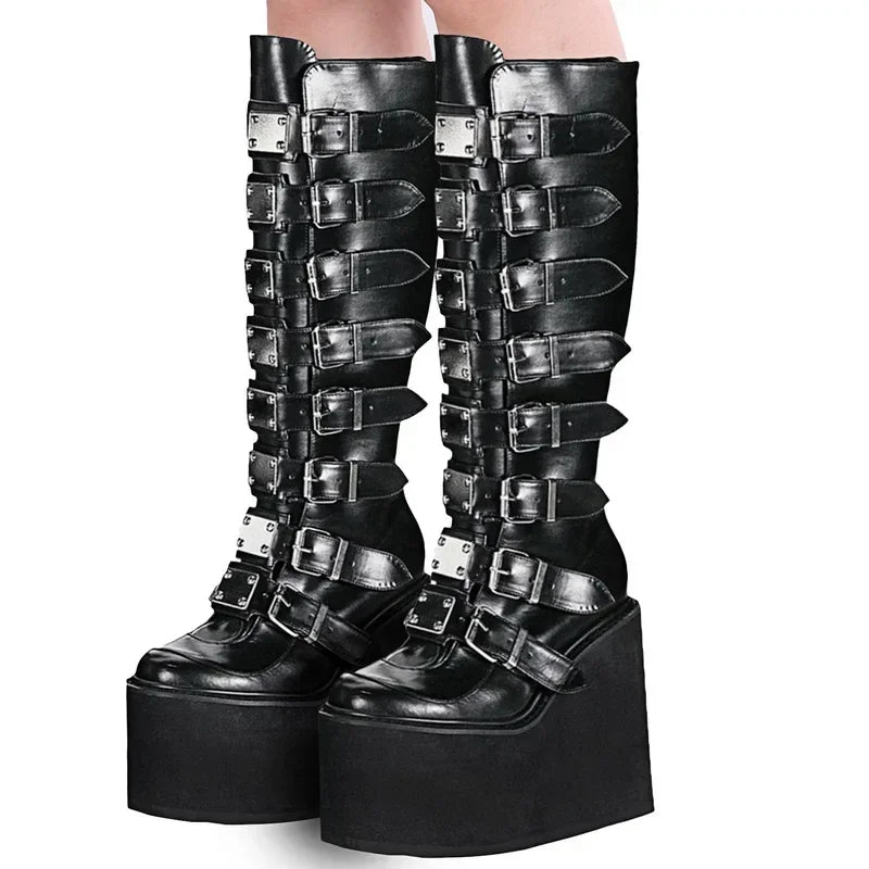 Brand Design Female Wedges High Heels Thigh High Boots Fashion Black Platform Boots Women 2022 Gothic Cosplay Shoes Woman Mujer